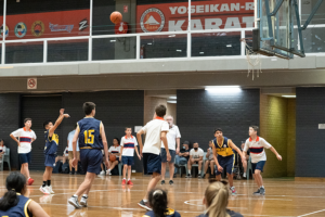 Basketball action on day one of Sydney Catholic Schools’ Thursday afternoon inter-school sports competition.