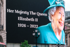 A billboard commemorates Queen Elizabeth II